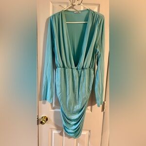 Fashion Nova Teal Blue long sleeve plunge neck mini dress. 3x